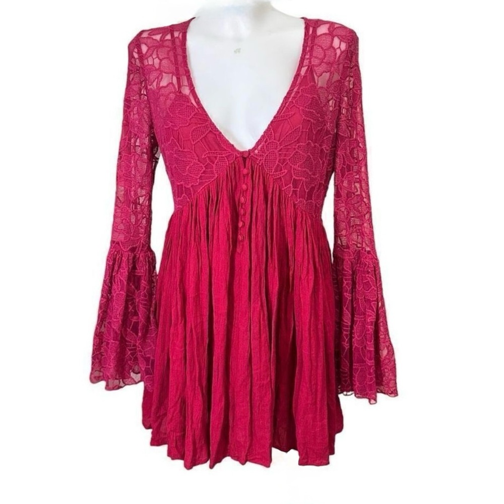 Free People With Love From India Bell Sleeve Crochet Lace Mini Boho